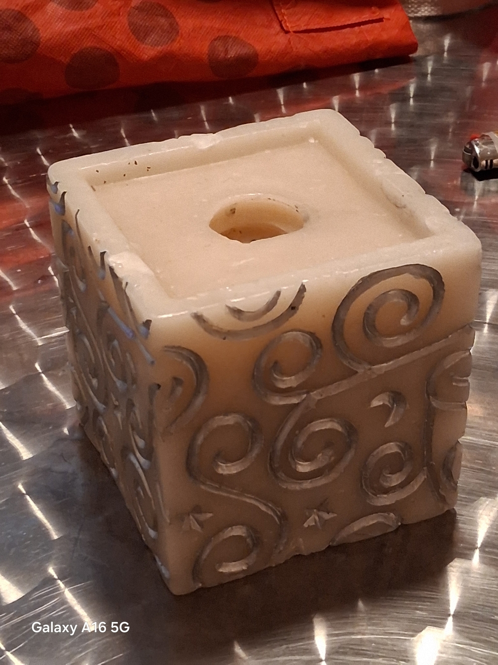 Bed Bath & Beyond Cream Square Decorative Candle with Silver Swirl Accents